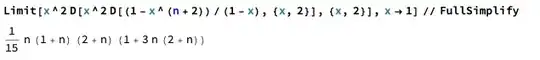 Limit[x^2 D[x^2 D[(1 - x^(n + 2))/(1 - x), {x, 2}], {x, 2}],
x -> 1] // FullSimplify