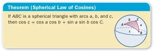 Spherical Law of Cosines (from UCSMP Functions, Statistics, and Trigonometry, 3rd ed.)
