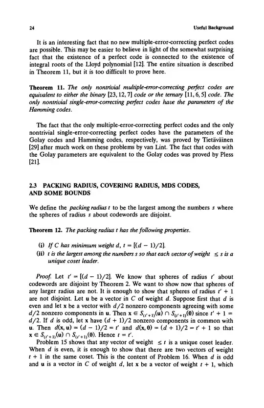 Page 24 from Vera Pless "Introduction to the Theory of Error-correcting Codes" book (1998)