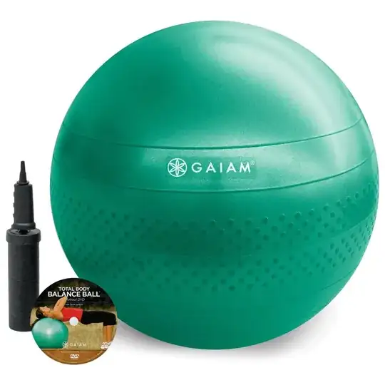 large green rubber ball with textured nubs and "GAIAM" printed on it, a pump to inflate it, and a workout DVD