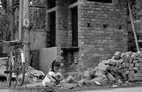 black and white with girl's dress brightened