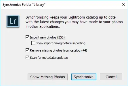 Synchronize folder dialog in Lightroom