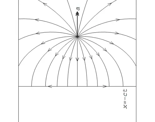 Picture of electric field lines for charge undergoing motion at constant proper acceleration