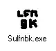 The hand-drawn icon of SULFNBK.EXE, as it appears in Windows 98.  The icon consists of barely legible black squiggles on a transparent background, presumably meant to be the letters “LFN BK”, but looking more like “LFΠ 9K”.  Below the icon is a file name caption reading “Sulfnbk.exe”.