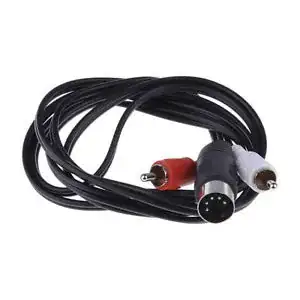 A circular plug with five adjacent pins, spaced in a circle in a way that would be even were there three additional pins; attached to two (probably) 3.5mm jacks. One jack is red, and the other is white.