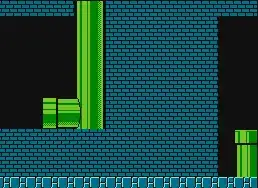 In World 1-2 of Super Mario Bros., Fire Mario runs, lands on the front of the exit pipe, and quickly crouches and jumps to reach a peak where the exit pipe crosses the ceiling. At that moment, Mario stops crouching and is ejected through the wall to reach the warp zone and ducks into the pipe to the minus world. (Click for attribution of both the image and this alt-text.)