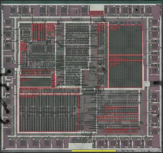 RP2C02 chip scan with marked regions