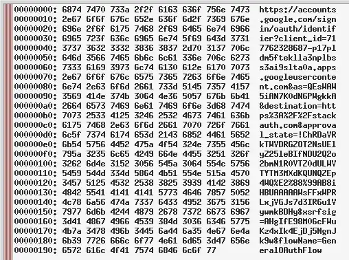 Screenshot of the result of <code>hexob</code>: an <code>xmessage</code> box with a hex dump of a legitimate login URL