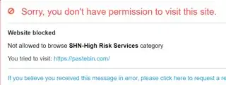 Website blocked. Not allowed to browse SHN-High Risk Services category. You tried to visit:https://pastebin.com/