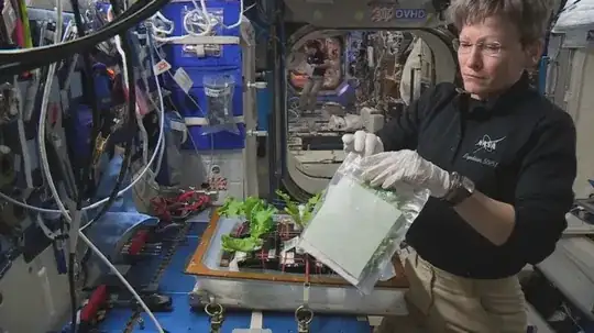 Astronaut Peggy Whitson harvests Tokyo Bekana Chinese cabbage aboard the International Space Station on Feb. 17