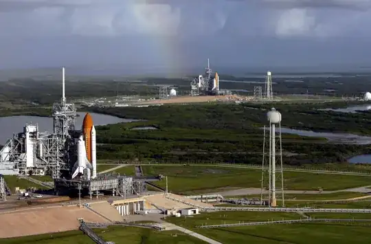Space shuttles Atlantis and Endeavour on launch pads
