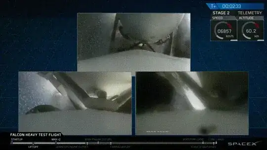 Falcon Heavy side boosters seperate from the core in a three-camera view. One view from the center core shows one side booster falling away through the engine plume, being singed. Two views show the center from the perspective of the sides as they pass near the core's engines and flame dances around the cameras briefly.