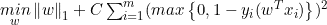 \underset{w}{min} \left \| w \right \|_1 + C\sum_{i=1}^m(max\left\{0, 1-y_i(w^Tx_i)\right\})^2