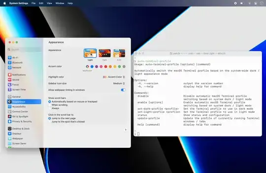 screen recording of terminal changing profiles based on the macOS system appearance