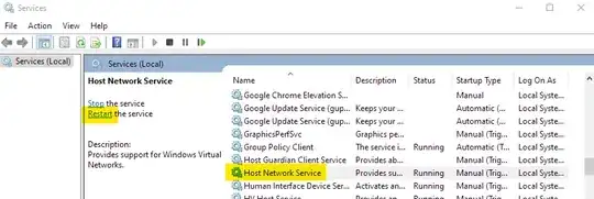 services.msc window pane with "Host Network Service" and its associated "Restart" button highlighted