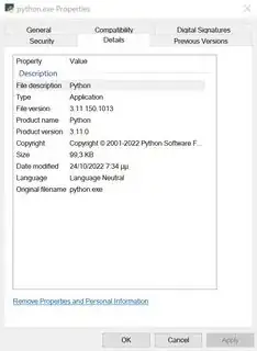 python.exe properties