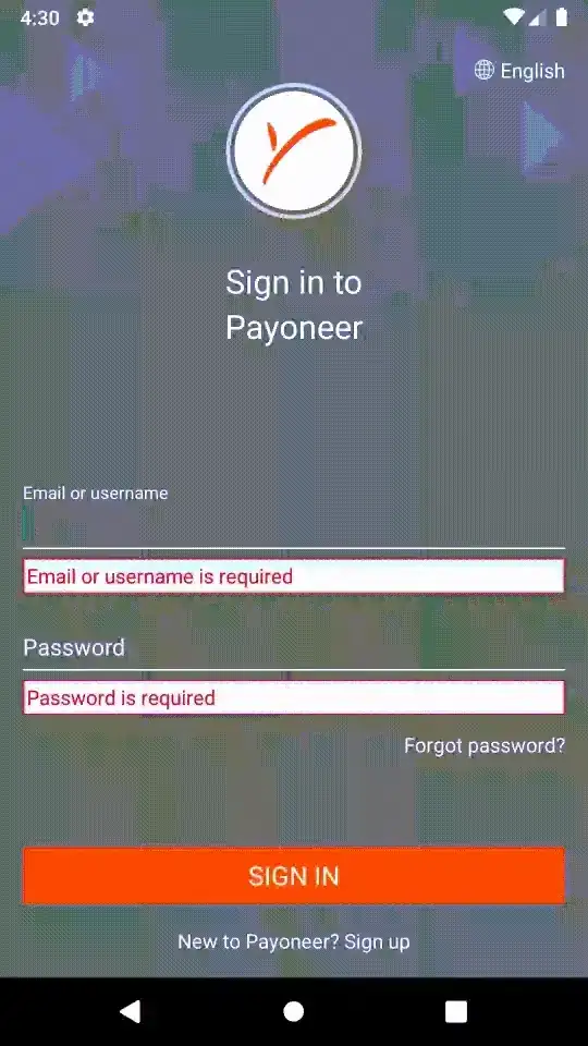 Payoneer login screen