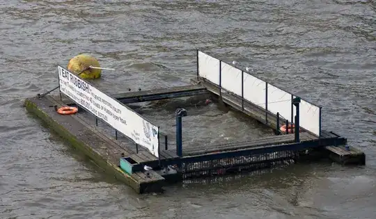 Picture of floating rubbish trap on River Thames. Photo by DAVID ILIFF. License: CC-BY-SA 3.0