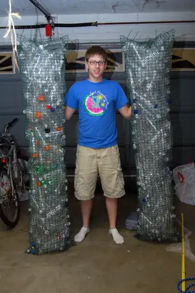 Bottles held together by garden mesh
