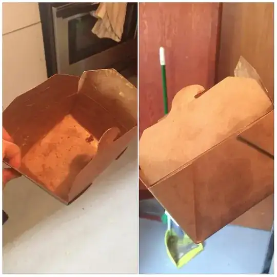a waxy cardboard box covered in food residue and viewed from two angles