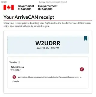 ArriveCAN receipt with 6-character code