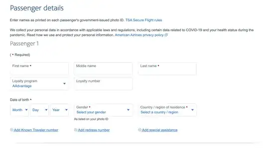 An example screenshot of the booking form for American Airlines, showing a "Country / region of residence" field.