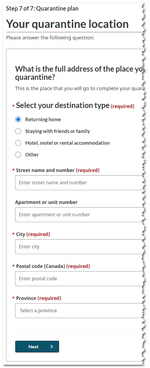 Arrive Canada questionnaire step 7, quarantine address