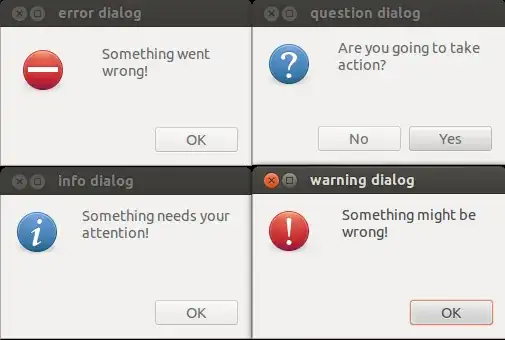 error, question, info, and warning dialog boxes with buttons