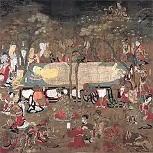 Buddha's Nirvana. Hanging scroll, 267.6 cmx 271.2&nbsp;cm. Color on silk. Located at Kongōbu-ji, Mt. Kōya.