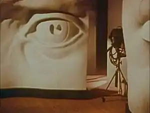 Photograph showing a rectangular plaster sculpture standing on a floor. The sculpture shows a portion of a person's face with the eye, eyebrow, and part of the upper cheek. The sculpture is about 2 meters (6&nbsp;ft 7&nbsp;in) high and 1 meter (3&nbsp;ft 3&nbsp;in) wide. There is a second, similar sculpture of a person's mouth that is standing closer to the viewer; only a portion of it is visible. There is a television camera on wheels between the two sculptures.