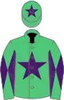 Emerald green, purple star, diabolo on sleeves, purple star on cap