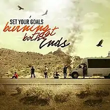 Six guys on the side of the road next to a van with birds circling above them