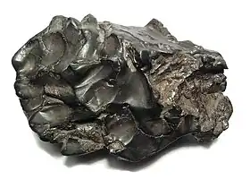 A 1.7-kilogram (3.7&nbsp;lb) individual meteorite from the 1947 Sikhote-Alin meteorite shower (coarsest octahedrite, class IIAB). This specimen is about 12 centimetres (4.7&nbsp;in) wide.