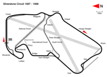 1997 to 1998: Major redesign to Copse, Priory, Brooklands and Luffield, resulting in a faster track. Classic circuit created with extra route at Club. Nearly all old track and runway close to the current circuit was dug up or demolished at this time. Track length: 5.140&nbsp;km. Lap record: Jacques Villeneuve, Williams-Renault, 1:21.598 (1997 British Grand Prix).