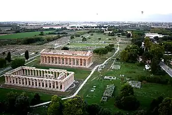 the First and Second Hera temples, the ruins of the city centre, and the Temple of Athena in the distance