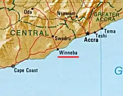 Winneba is located 56&nbsp;km (35&nbsp;mi) west of Accra and 140&nbsp;km (90&nbsp;mi) east of Cape Coast