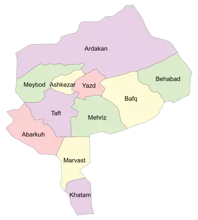 Location of Marvast County in Yazd province (bottom, yellow)