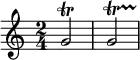 {
\relative c'' {
\time 2/4
g2\trill
g\startTrillSpan \stopTrillSpan
}
}