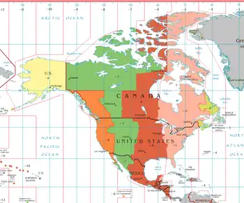 Central Time Zone in North America is shown in red.