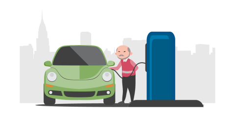 A man filling up the gas tank of his car with gas.